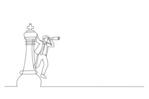 Cartoon of business man leader on king chess piece using telescope to see business strategy. Business planning decision making concept. Single continuous line art style vector