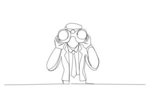 Drawing of young man using binoculars. Single line art style vector