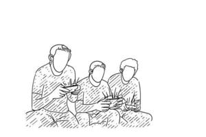 caricatura de tres hombres relajándose juntos mientras juegan al teléfono inteligente. diseño de ilustración vectorial vector