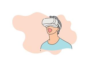 Young man amazed and dumbfounded with something in VR world. Flat vector illustration design