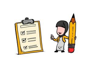 Successful asian business worker holding a pencil looking at completed checklist. Cartoon vector illustration design on lisolated white background