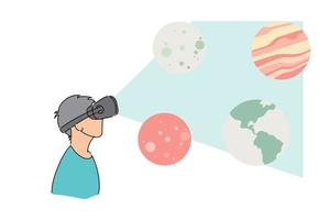 Young man study about solar system with Virtual Reality simulation. Flat vector illustration design