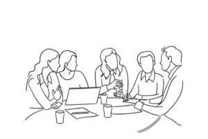 Business meeting discussion between worker in cafe round table. cartoon vector illustration.