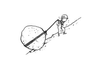 muslim businesswoman pulling boulder. Concept of hardwork. Cartoon vector illustration design