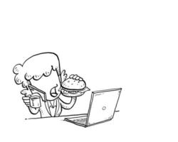 trabajadora ocupada tomando café y hamburguesa mientras recibe una llamada. concepto de trabajo de temporada alta. diseño de ilustración vectorial de dibujos animados vector