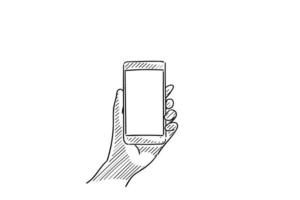 mano izquierda usando el teléfono móvil, mostrando la pantalla en blanco para el espacio de copia - dibujo de ilustración vectorial dibujado a mano con líneas negras, aislado en fondo blanco vector