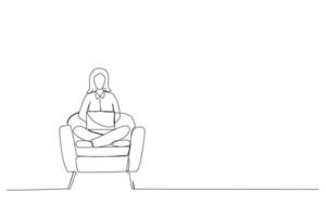 Illustration of Young woman using her laptop in a chair one line art vector