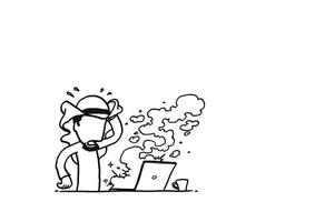 Arab businessman shocked his laptop is explode. Hand drawn vector illustration design