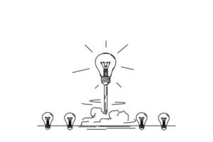 Cartoon of standing light bulbs with one glowing rocket launch vector