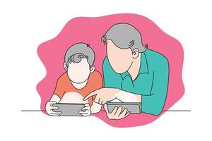 Father and son playing mobile game on gadget. Simple flat vector design