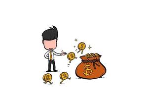 Businessman earn profit until his money bag full. Concept of getting rich. Hand drawn vector illustration design on isolated background