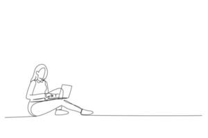caricatura de una mujer feliz sentada en el suelo con una computadora portátil y mirando hacia atrás con un estilo de arte de una sola línea vector