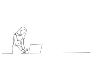 ilustración de una diseñadora que usa una computadora portátil que trabaja en línea estilo de arte de una línea vector