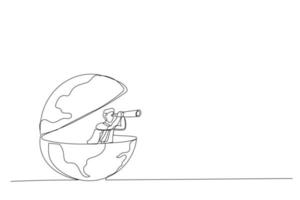 caricatura de hombre de negocios globo abierto usando telescopio en busca de visión para una nueva oportunidad. trabajo o inversión, buscando un concepto de negocio en el extranjero. estilo de arte de línea continua única vector