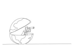 caricatura de hombre de negocios globo abierto usando telescopio en busca de visión para una nueva oportunidad. trabajo o inversión, buscando un concepto de negocio en el extranjero. estilo de arte de línea continua única vector