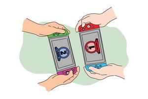 hand holding handheld game showing rank 1 and 2 on screen. flat design vector