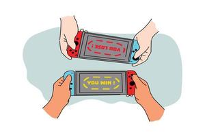 hand holding handheld game showing win and lose on screen. flat design vector