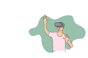 Man startled seeing something in VR. Flat vector illustration design