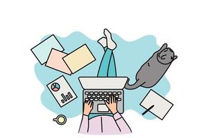 Work from home concept. Cozy workspace working with cat flat design vector