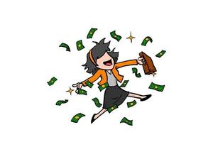 Happy business woman dancing under flying money. Concept of financial freedom. Cartoon vector design on isolated background