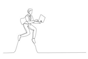 Continuous line illustration of excited guy jumping up with laptop in hands isolated on white background vector