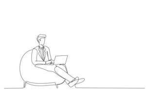 Cartoon of guy sitting in bag chair typing writing email, home office, copy space. Vector single continuous line design