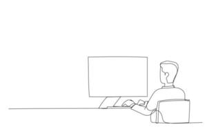 Character of guy sitting by workplace and working with software. Continuous line design style vector