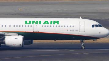 HONG KONG NOVEMBER 9, 2019 - A321 Uni Air Airbus A321B 16209 airlinertaxiing to runway for take off from Chek Lap Kok International Airport, Hong Kong. video