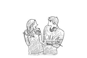 dibujado a mano de una pareja sorprendida con un videojuego móvil que se muestra en el teléfono inteligente. diseño de ilustración vectorial vector
