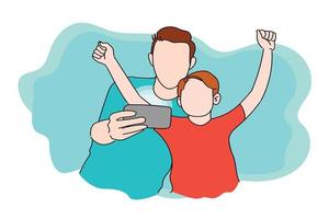 Happy family time for father and son playing mobile game. Simple flat vector