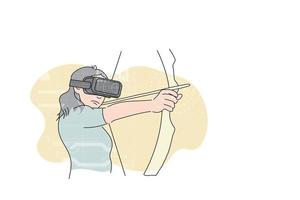 foco láser mujer joven lista para apuntar con arco virtual. concepto de juego vr. diseño de ilustración vectorial vector