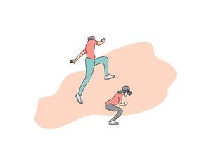 pareja joven haciendo actividad con vr. mujer haciendo sentadillas y hombre saltando. ilustración de diseño plano vector