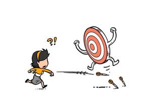 Business woman try to hit a target. Cartoon vector illustration design