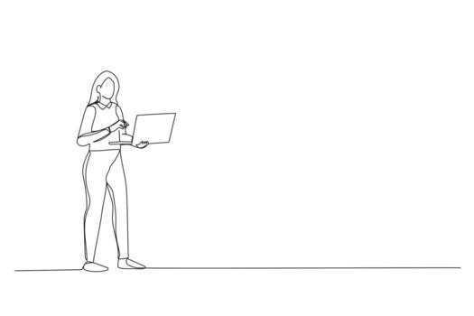 Illustration of happy woman using laptop computer one line style art vector