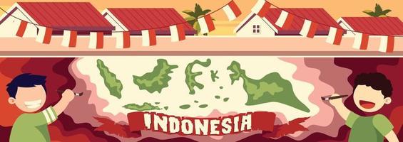 Two Kids Are Painting A Mural To Celebrate Indonesia Independence Day Illustration