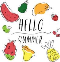 Hello Summer colorful background with doodle style fruits vector