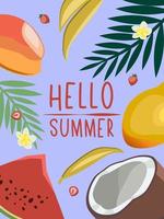 Hello summer vector flower and fruits background. Colorful template for summertime design