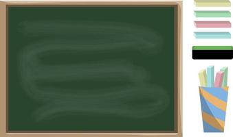 Set of green empty chalkboard, various chalk and a rubber, isolated on white background vector