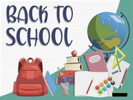 Back to school design template with backpack, globe and various stationery vector