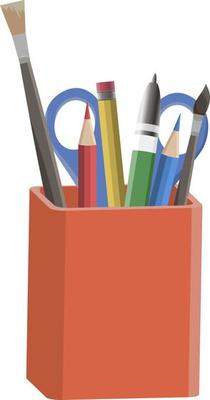 Red square pencil holder with various stationery and supplies, isolated on white background