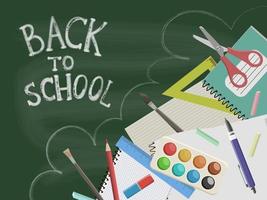 Back to school design layout with green chalkboard and various accessories vector