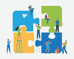 Teamwork successful together concept. Marketing content. Harmonious business people Holding the big jigsaw puzzle piece. Flat cartoon illustration vector graphic design