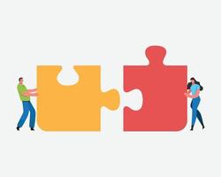 Teamwork successful together concept. Marketing content. Harmonious business people Holding the big jigsaw puzzle piece. Flat cartoon illustration vector graphic design