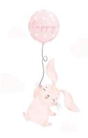 cute happy smile bunny rabbit flying with pink balloon, animal nursery hand drawn watercolor vector