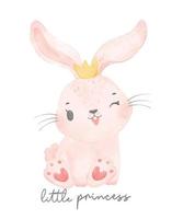 lindo feliz sonrisa bebé conejito conejo sentado y usando corona, princesita, acuarela vida silvestre vivero animal vector dibujado a mano