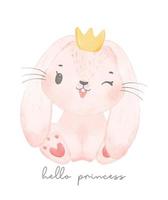 lindo conejito bebé usa corona, hola princesa, acuarela vida silvestre vivero animal vector dibujado a mano