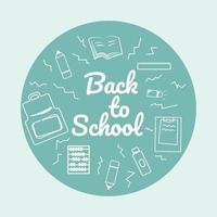 arte de garabatos de regreso a la escuela en círculo azul. lápiz, libro, bolsa, medición, borrador, botella, tablero, calculadora