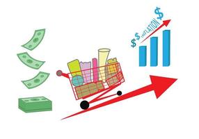 gráfico de conjunto de inflación de gráficos con flecha, carrito de compras y pila de ilustración de vector de dinero