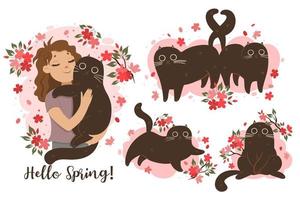 Set of cats in spring mood. Vector graphics