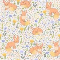 Spring foxes and flora seamless pattern. Vector graphics